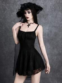 Glisette 女士时尚黑色蕾丝前系带吊带连衣裙 - 黑色 - 查看 1