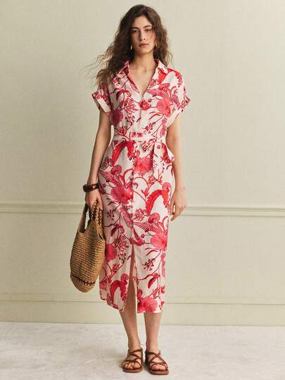 Écloséra Đầm midi đỏ in họa tiết cổ chữ V, thanh lịch, đa năng, thích hợp đi làm, đi nghỉ mát, phù hợp cho nữ, mùa xuân/hè.