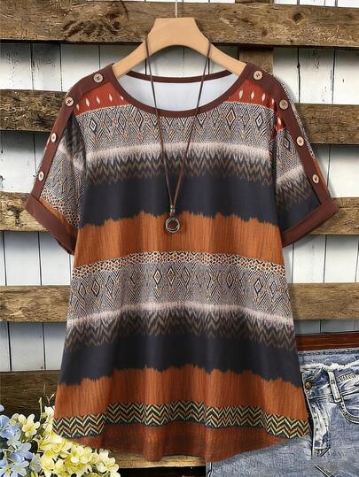 Lacomfia Spring & Summer Casual Elegant Knit Textured Element Patchwork Loose Fit Button Front Round Neck Pullover T-Shirt For Plus Size Women