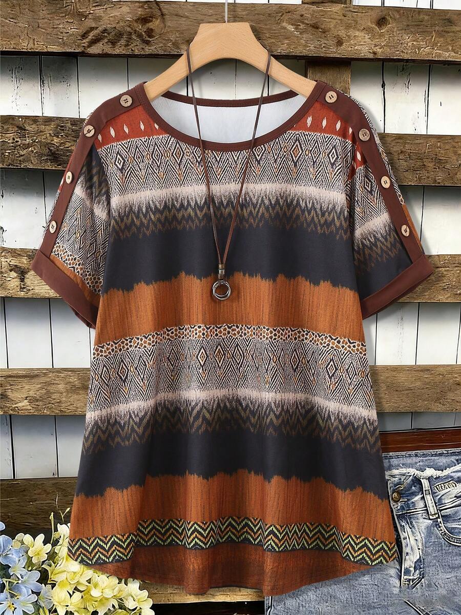 Seusyu Spring & Summer Casual Elegant Knit Textured Element Patchwork Loose Fit Button Front Round Neck Pullover T-Shirt For Plus Size Women - Multicolor - View 1