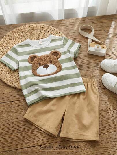 Cozy Pixies 2件套 男童卡通熊条纹圆领短袖上衣和松紧腰短裤