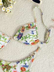 Swim Vcay New Multicolor Ditsy Floral Side Pearl Knot Tie High Cut Bikini 2-Piece Swimwear Set For Women, Beach Holiday Boho Bikini Set Floral Bathing Suit Bikini Floral Floral Bikini Set Vacation Bikini Set Floral Bikini Tropical Bikini Set - Multicolor - View 5