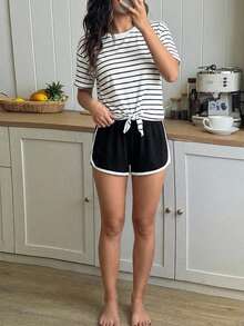 Girls' Minimalist Striped Round Neck Drop Shoulder Short Sleeve Top With Waist Tie And Black Drawstring Shorts Set, Soft And Comfortable Fabric, Casual Outfit For Home And Family Interaction - Black - View 10