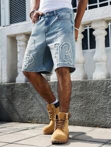 Manfinity EMRG Men's Casual Streetwear Distressed Denim Shorts With 3D Text Design - Light Wash - View 6