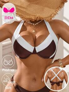 Swim DD+ Women's Summer Beach Color Block Halter Tie Sexy Bikini Top - Brown - View 1