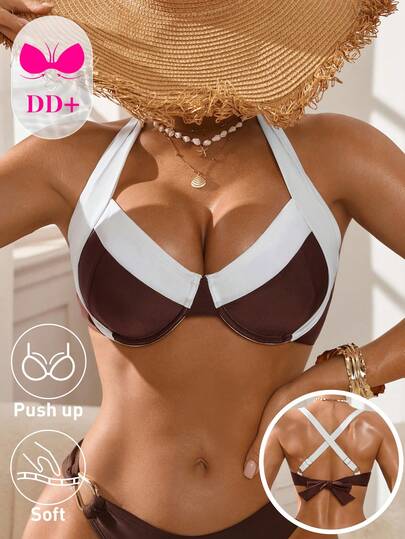 Swim DD+ Women's Summer Beach Color Block Halter Tie Sexy Bikini Top