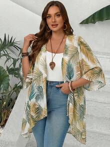 EMERY ROSE Plus Size All-Over Print Asymmetric Hem Casual Jacket - Yellow - View 3