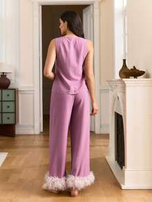 Elegant French Mature Lady Fashion Vest & Straight Leg Pants Two Pieces Pajama Set, Pink & Purple - Pink - View 2