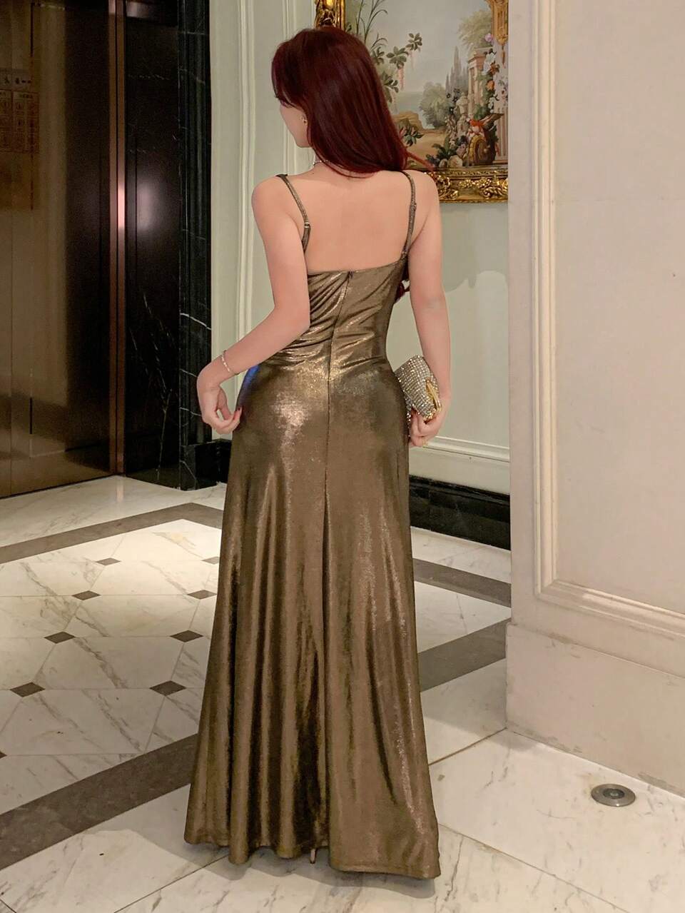 Women's Solid Color Asymmetrical Shoulder Ruffle Sleeveless Ruched Fashion Elegant Long Dress
