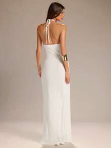 SHEIN BAE Đầm chữ A màu trắng trơn dành cho nữ, kiểu cổ yếm buộc dây eo, trang trí khóa kim loại, thích hợp cho đám cưới. - trắng - Xem 2