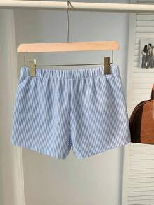 SHEIN Tween Girls' Striped Print Elastic Waist Casual Shorts - Blue and White - View 7