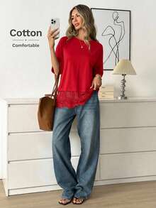 Easowa 女士黑色短袖圆领蕾丝下摆宽松T恤 - 紅色 - 查看 5