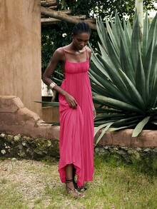 Maija 女士夏季度假连衣裙，简约无袖纯色波西米亚风沙滩裙，适合春夏季节穿着 - 玫紅色 - 查看 3