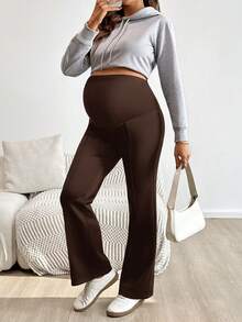 Modmama Maternity Solid Color Adjustable Waist Casual Flare Pants - Brown - View 4