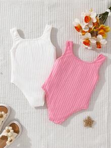 SHEIN Young Girl Bow Embroidery Ribbed Square Neck Casual Jumpsuit - Multicolor - View 2