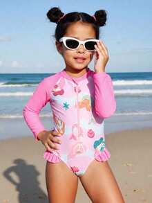 1 bộ áo tắm liền thân cho bé gái, họa tiết hoạt hình dễ thương, thiết kế khóa kéo, chất liệu vải cao cấp. - Hồng - Xem 8