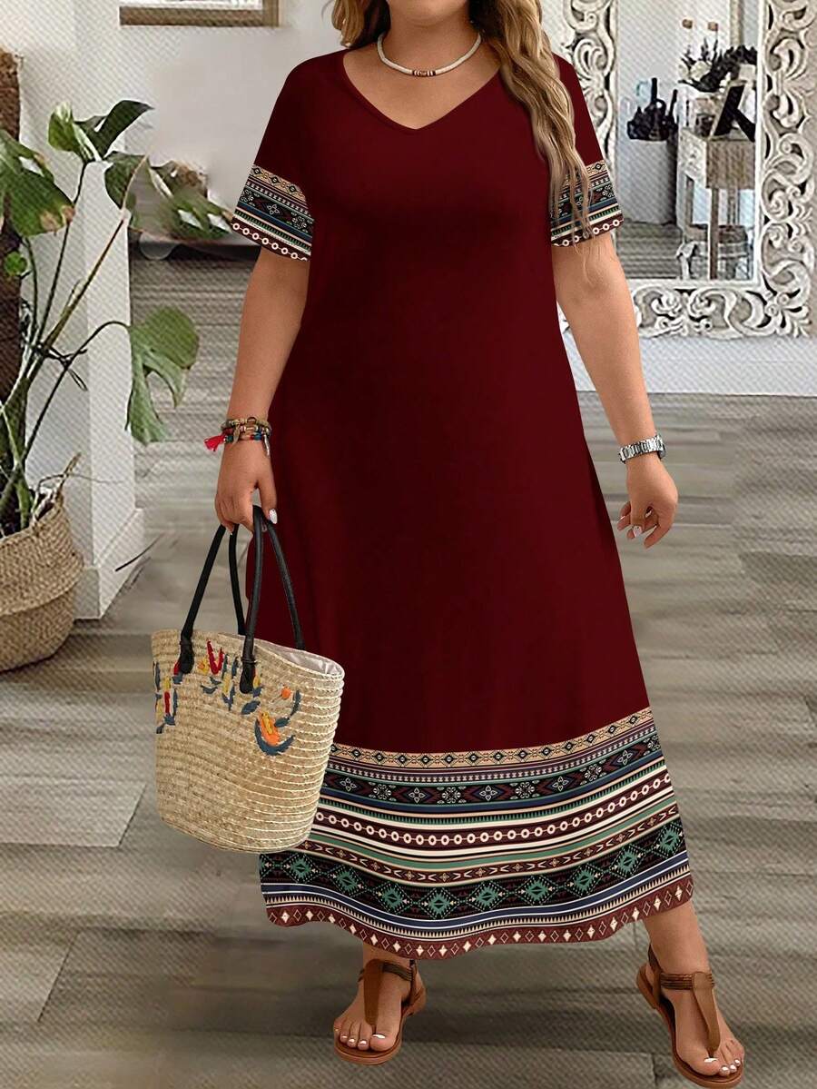 EMERY ROSE Gaun Maxi Lengan Pendek Leher V Kasual Ukuran Plus Motif Bunga Bohemian untuk Wanita, Cocok untuk Liburan Musim Semi/Panas dan Karnaval - MultiWarna - View 1