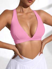 Easithlete Áo ngực thể thao nữ gợi cảm, tối giản, màu trơn, cổ chữ V sâu, hở lưng, thích hợp mặc hàng ngày đi làm. - Hồng - Xem 5