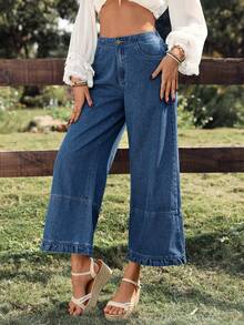 Breezaya Quần jeans ống rộng xếp ly dáng casual thời trang nữ - Rửa tối - Xem 4