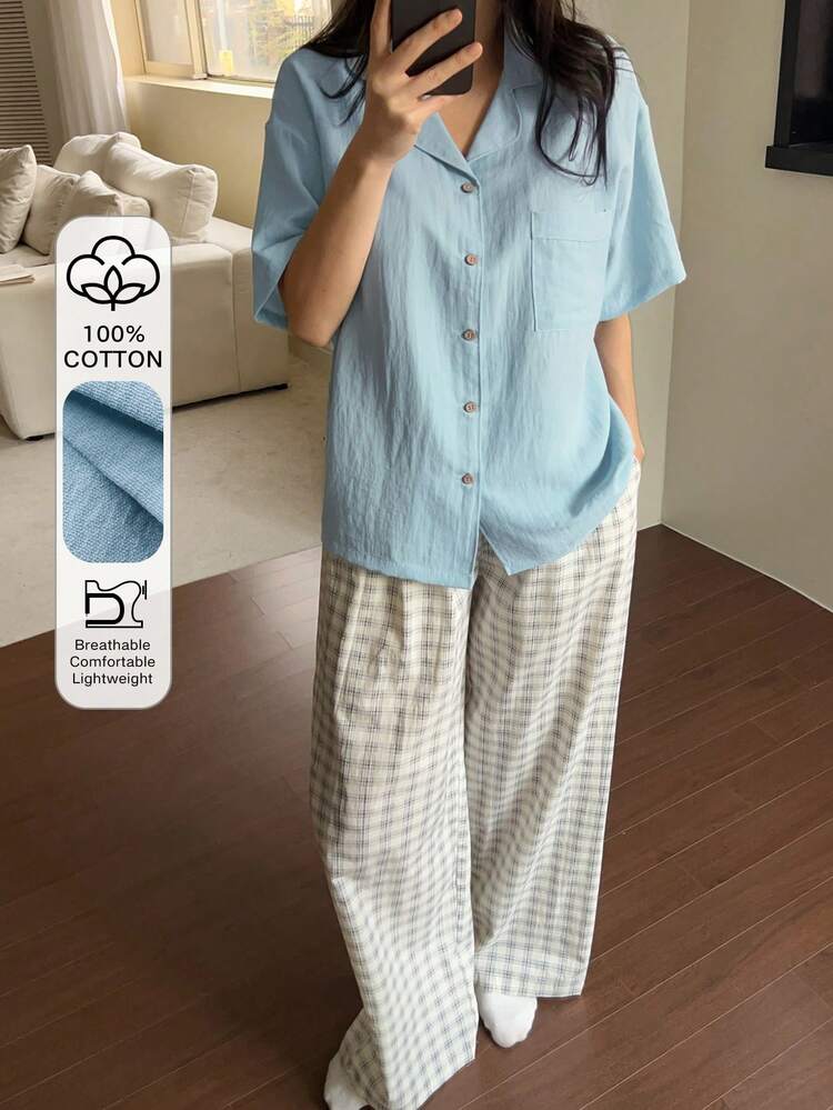 Japanese Style Solid Color Short Sleeve Top And Plaid Pajama Pants Women Sleepwear Set