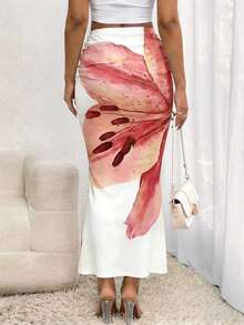 INAWLY 女士休闲优雅印花褶皱腰A字裙 - 乾枯玫瑰色 - 查看 5