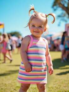 SHEIN Baby Girls Rainbow Striped Elastic Cute Sleeveless Dress, Spring/Summer - Pink - View 14