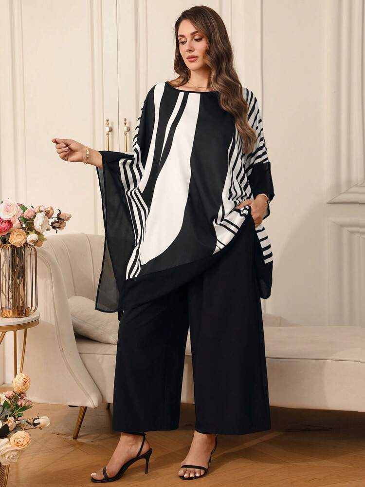 Plus Size Black And White Striped Woven Fabric Pants Suit For Women Casual Round Neck High Low Tunic Top And Wide Leg Pants Set