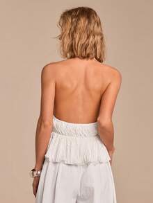COSMINA Women's White Halter Neck Ruched Sleeveless Top, Elegant Solid Color Ruched Tank Top, Casual Vacation Y2K Romantic Date Daily Wear Halter Top - White - View 2