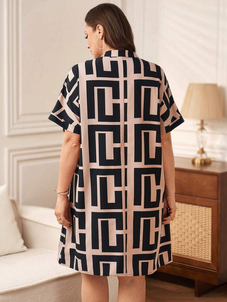Plus Size Summer Casual All-Over Print Short Sleeve Dress Geometric Print Dress Women Shirt Dress Summer Outfit For Women Beach Vacation Outfits Graduation Dress Women Elegant Dress