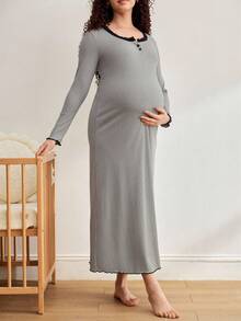 Moonlight&Mama Chemise de nuit à manches longues pour femmes enceintes, avec boutons, empiècement en dentelle et couleurs contrastées - Gris - Voir 4