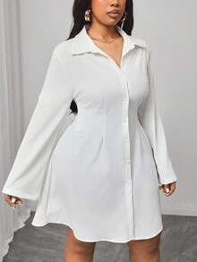 Truni Plus Size Casual White Button-Front Shirt Dress,Adjustable Sleeves,Fall,Winter,Work,Teacher,Business,Office,School,Going Out,Back To School, For Pear Triangle Body Shape - White - View 3