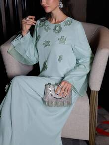 Yasmyna Women's Elegant Romantic Floral Print Flared Long Sleeve Maxi Cardigan - Green - View 6