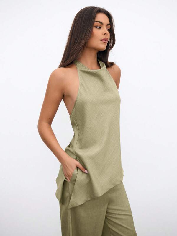 Aloruh Women's Faux Linen Lapel Neck Sleeveless Top And Pants Set, Commuting Style