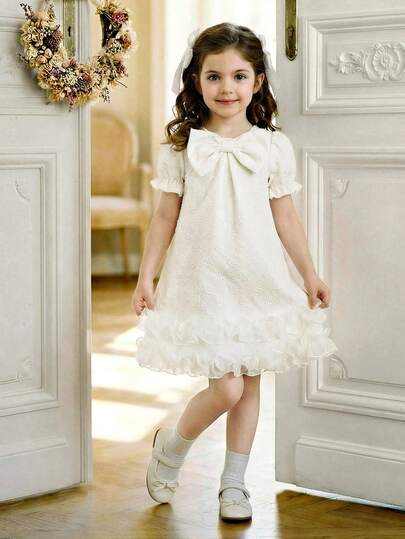 Souflis Souflis 少女白色优雅时尚无袖蝴蝶结装饰荷叶边下摆网纱连衣裙，适合派对、购物等场合