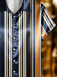 Manfinity RSRT 男士条纹印花短袖休闲衬衫，丝滑缎面衬衫，短袖纽扣衬衫，轻薄夏季衬衫，适合海滩、办公室和休闲外出，送给爱人、家人和男友的最佳礼物 - 彩色 - 查看 4