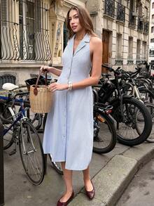 Pariaura V-Neck Striped Dress For Women - Blue and White - View 5