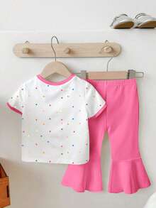 一套女婴可爱兔耳豹纹爱心印花圆领短袖T恤和针织喇叭裤套装，卡通兔子印花，春夏皆宜，夏季套装，复活节套装 - 彩色 - 查看 2