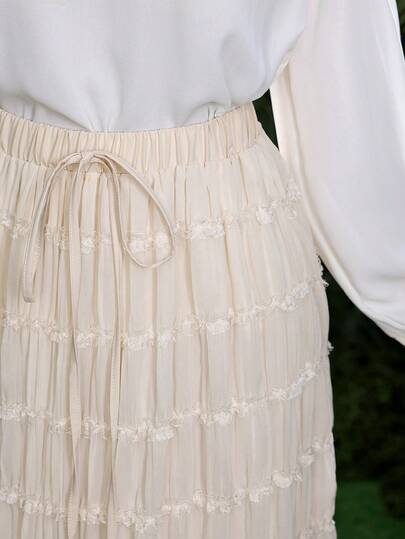 Lacomfia Aprikosfärgad plisserad A-linjekjol med åtsittande midja i fransk stil för kvinnor