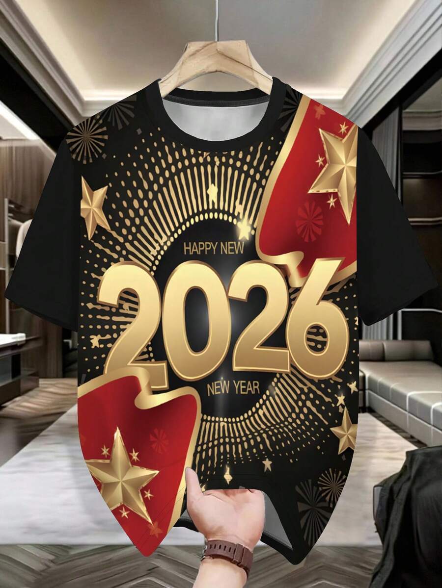 Manfinity 2026 新款男士印花T恤,闪亮星星印花,2026 新年衬衫,舒适彩色新年T恤,2026 新年T恤,新年快乐T恤节日礼物,送给兄弟姐妹的礼物,送给兄弟的礼物,送给爸爸的礼物,父亲节礼物,休闲简约时尚上衣 - 黑色 - 查看 1