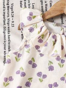 SHEIN Summer Young Girl Fresh Tulip Print Set, Sleeveless Ruffle Collar Blouse + Wide Leg Pants, Cream White Youthful Sweet Casual Style Vest Set - White - View 8