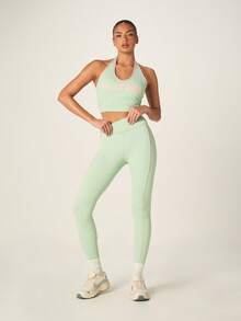 Missguided x Playboy 高腰运动紧身裤，粉色撞色滚边，全长瑜伽训练裤 - 綠色 - 查看 4