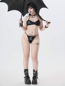 ROMWE Women's New Rhinestone Skull Print Halter Backless Bikini Set, Adjustable Triangle Bottoms, Summer Goth Bikini Set Gothic Swimwear Bikini Sets Goth Bathing Suits For Women 2580198 Bikini Bikini Alt Skull Bikini - Black - View 4