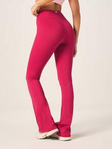 Missguided x Playboy High Waisted Flared Sports Leggings With Brand Text Waistband Pink Athletic Pants Bootcut Stretchy Yoga Fitness Running Activewear - Hot Pink - View 2