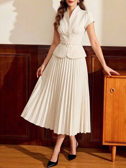 Vintamour Vintage Elegant Women's Suit Set With Belt Button Short Sleeve Top And Pleated Skirt Casual Work Holiday 2-Piece Set Summer Dresses For Women Summer Outfits For Women Summer Holiday Outfits Spring Outfit Women Spring Dress Women Spring Clothing Spring Break Outfits Valentine's Day Valentines Day Dress Elegant Dresses For Party Elegant Party Dresses Party Outfit Wedding Guest Dress For Women Wedding Party Dress Elegant Dresses For Women