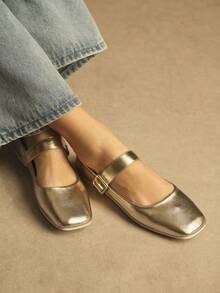 Rosivie Women's Square Toe Buckle Design Casual Loafers - Gold - View 2