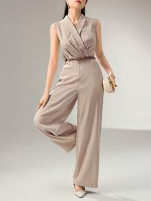 Heiryn Bộ áo liền quần không tay ống rộng màu trơn thời trang thanh lịch dành cho nữ - Màu Khaki - Xem 3