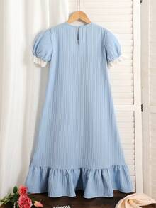 SHEIN Bộ đồ ngủ cho bé gái tuổi teen, tay phồng, chất liệu jacquard, kiểu áo ngủ mặc nhà. - Xanh và trắng - Xem 2