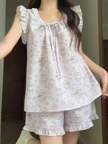 DAZY Summer Sweet Happy Dog Print Loose Ruffled Hem Women Pajama Set - Mauve Purple - View 4