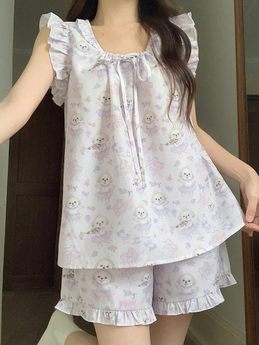 DAZY 夏季甜美快乐狗狗印花宽松荷叶边下摆女士睡衣套装 - 淡紫色 - 查看 1