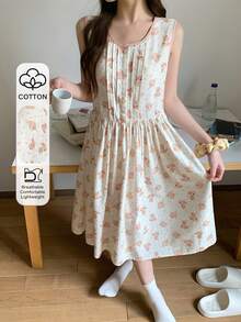 Summer Sweet Floral Cat & Dog Print Pleated Sleeveless Women Nightgown - Beige - View 5